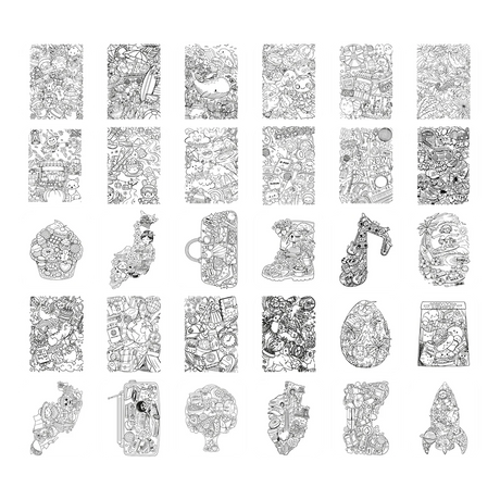A grid of 30 white squares, each containing a unique, detailed black and white doodle illustration.