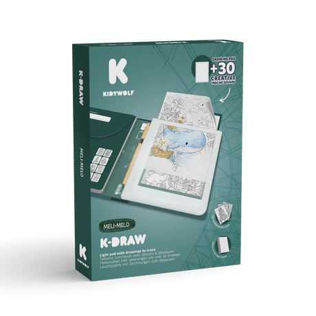 Product packaging box for a KIDYWOLF K-DRAW illuminated drawing pad, showing a whale design.