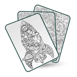 Three fan-shaped drawing cards featuring black and white illustrations of space, jungle, and amusement park.