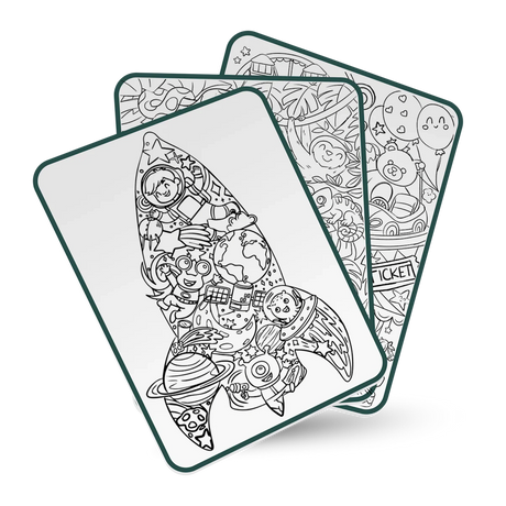 Three fan-shaped drawing cards featuring black and white illustrations of space, jungle, and amusement park.