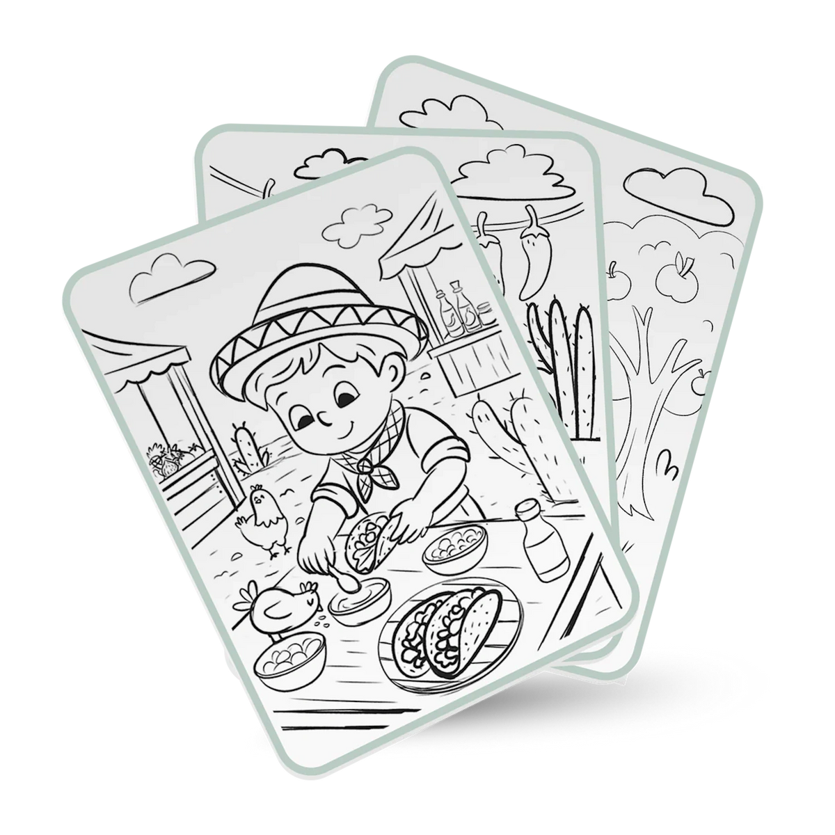 Three fanned-out drawing cards featuring line art of children and food themes on a white background.