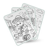 Three fanned-out drawing cards featuring line art of children and food themes on a white background.