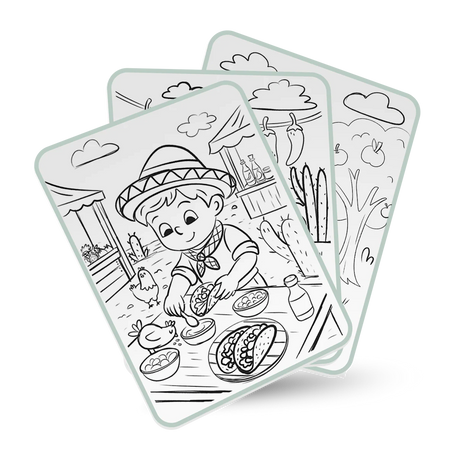 Three fanned-out drawing cards featuring line art of children and food themes on a white background.