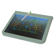 A colorful pen rests on an illuminated drawing tablet, displaying a cute, simple illustration of a smiling animal face with whiskers and ears.