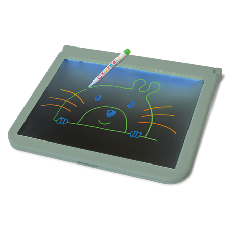A colorful pen rests on an illuminated drawing tablet, displaying a cute, simple illustration of a smiling animal face with whiskers and ears.