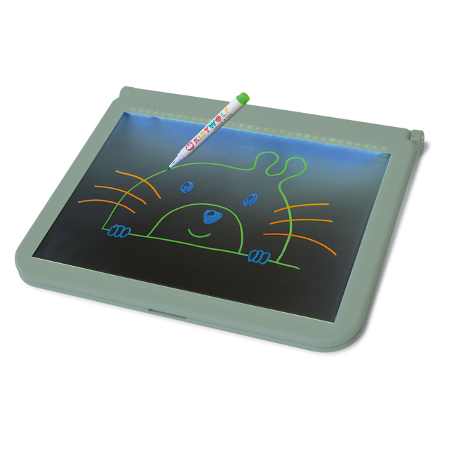 A colorful pen rests on an illuminated drawing tablet, displaying a cute, simple illustration of a smiling animal face with whiskers and ears.