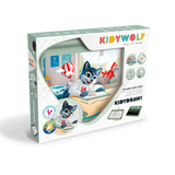 Box of a children's drawing tablet, featuring a playful wolf cartoon character using the tablet. The packaging is colorful and emphasizes creativity.