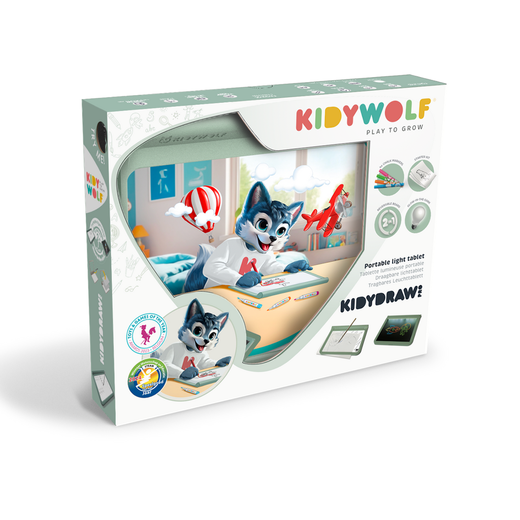 Box of a children's drawing tablet, featuring a playful wolf cartoon character using the tablet. The packaging is colorful and emphasizes creativity.