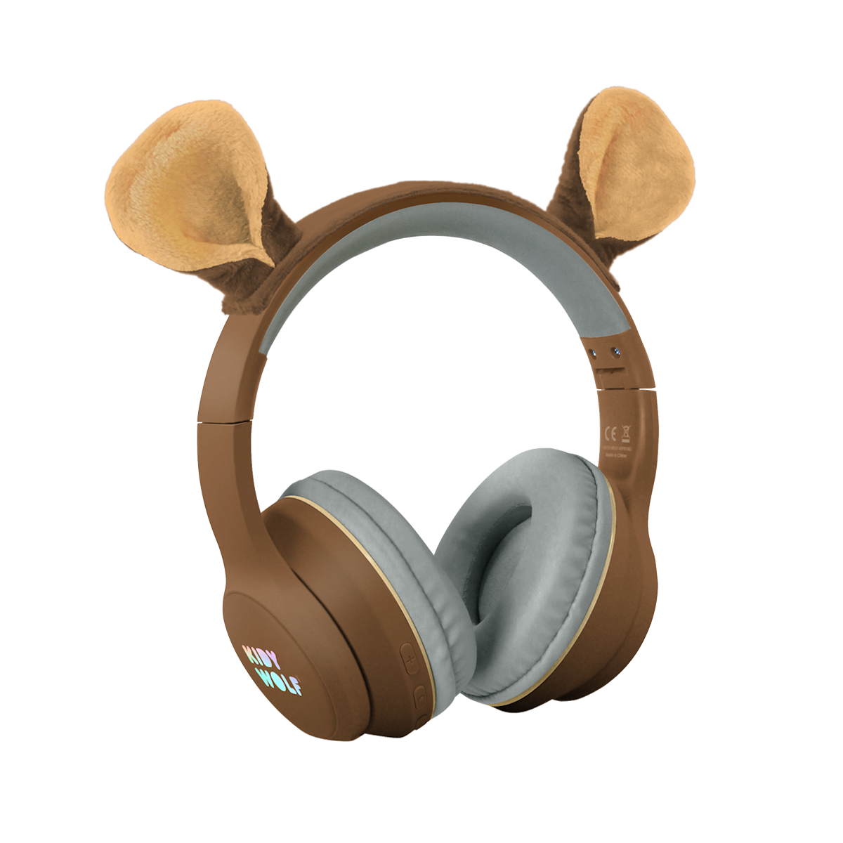 Brown over-ear headphones with plush animal ears attached, featuring "KIDY WOLF" branding. The design is playful and whimsical against a white background.