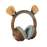 Brown over-ear headphones with plush animal ears attached, featuring "KIDY WOLF" branding. The design is playful and whimsical against a white background.