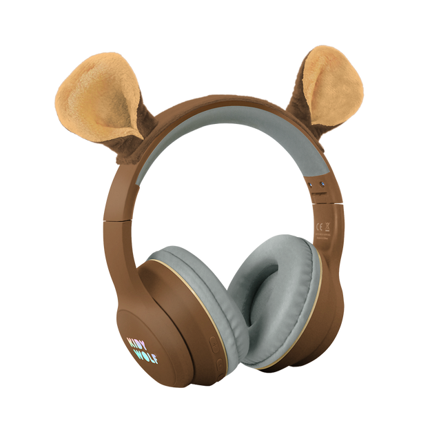 Brown over-ear headphones with plush animal ears attached, featuring "KIDY WOLF" branding. The design is playful and whimsical against a white background.