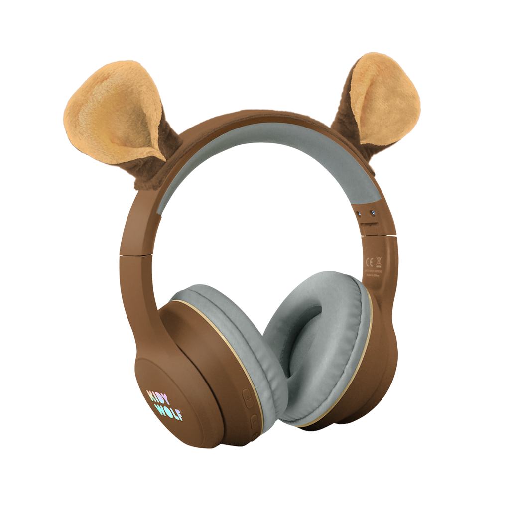 Brown over-ear headphones with plush animal ears attached, featuring "KIDY WOLF" branding. The design is playful and whimsical against a white background.