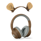 Brown over-ear headphones with plush animal ears attached, featuring "KIDY WOLF" branding. The design is playful and whimsical against a white background.