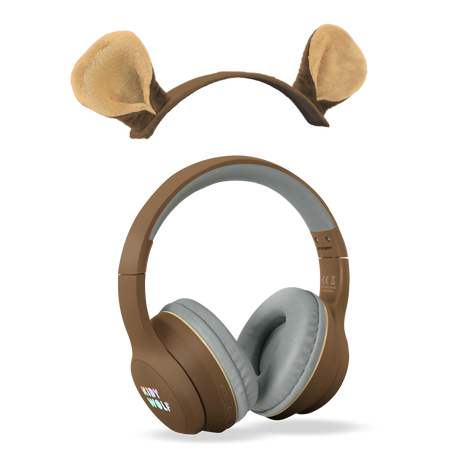 Brown over-ear headphones with plush animal ears attached, featuring "KIDY WOLF" branding. The design is playful and whimsical against a white background.