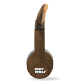 Brown over-ear headphones with plush animal ears attached, featuring "KIDY WOLF" branding. The design is playful and whimsical against a white background.