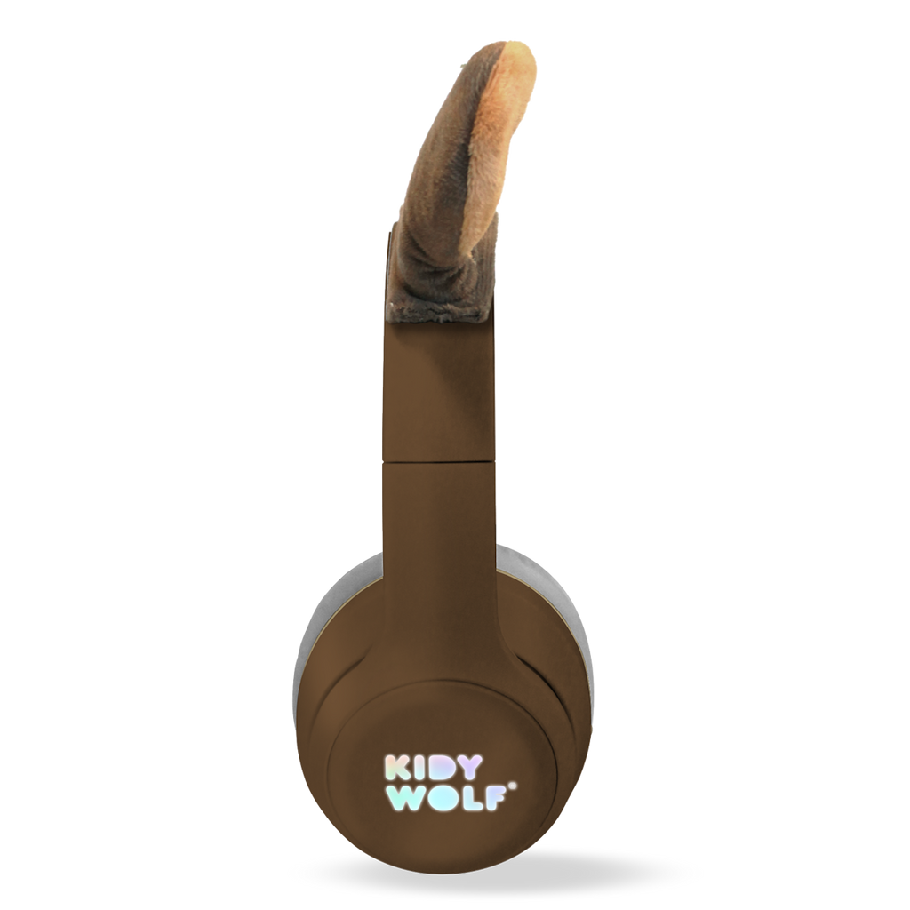 Brown over-ear headphones with plush animal ears attached, featuring "KIDY WOLF" branding. The design is playful and whimsical against a white background.