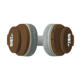 Brown over-ear headphones with plush animal ears attached, featuring "KIDY WOLF" branding. The design is playful and whimsical against a white background.