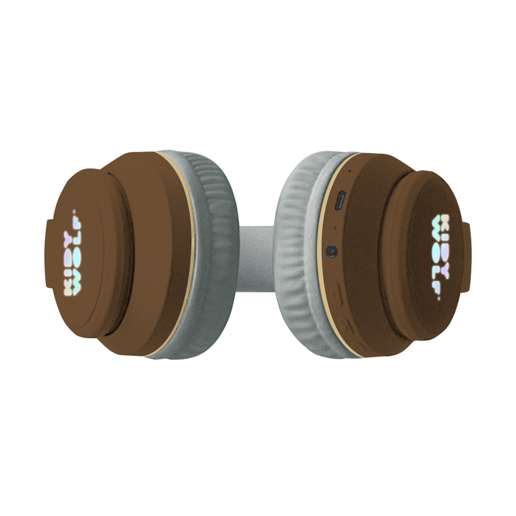 Brown over-ear headphones with plush animal ears attached, featuring "KIDY WOLF" branding. The design is playful and whimsical against a white background.