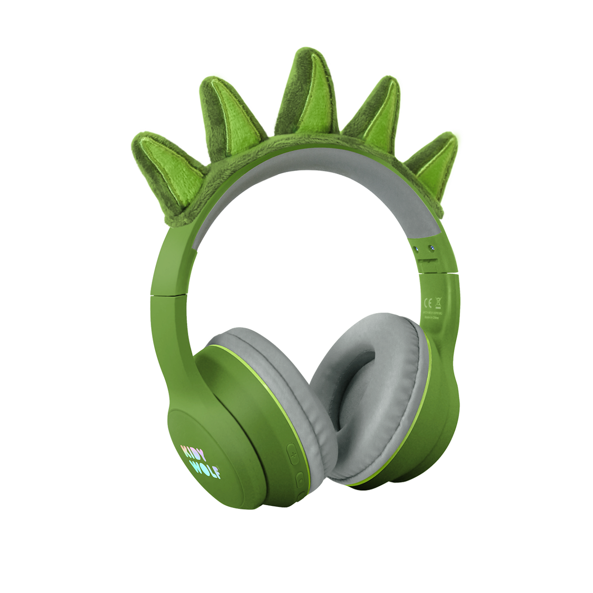 Green headphones with soft, gray ear cushions on a white background, featuring playful green dinosaur spikes on the headband, conveying a fun and quirky vibe.