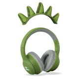 Green headphones with soft, gray ear cushions on a white background, featuring playful green dinosaur spikes on the headband, conveying a fun and quirky vibe.