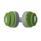 Green headphones with soft, gray ear cushions on a white background, featuring playful green dinosaur spikes on the headband, conveying a fun and quirky vibe.