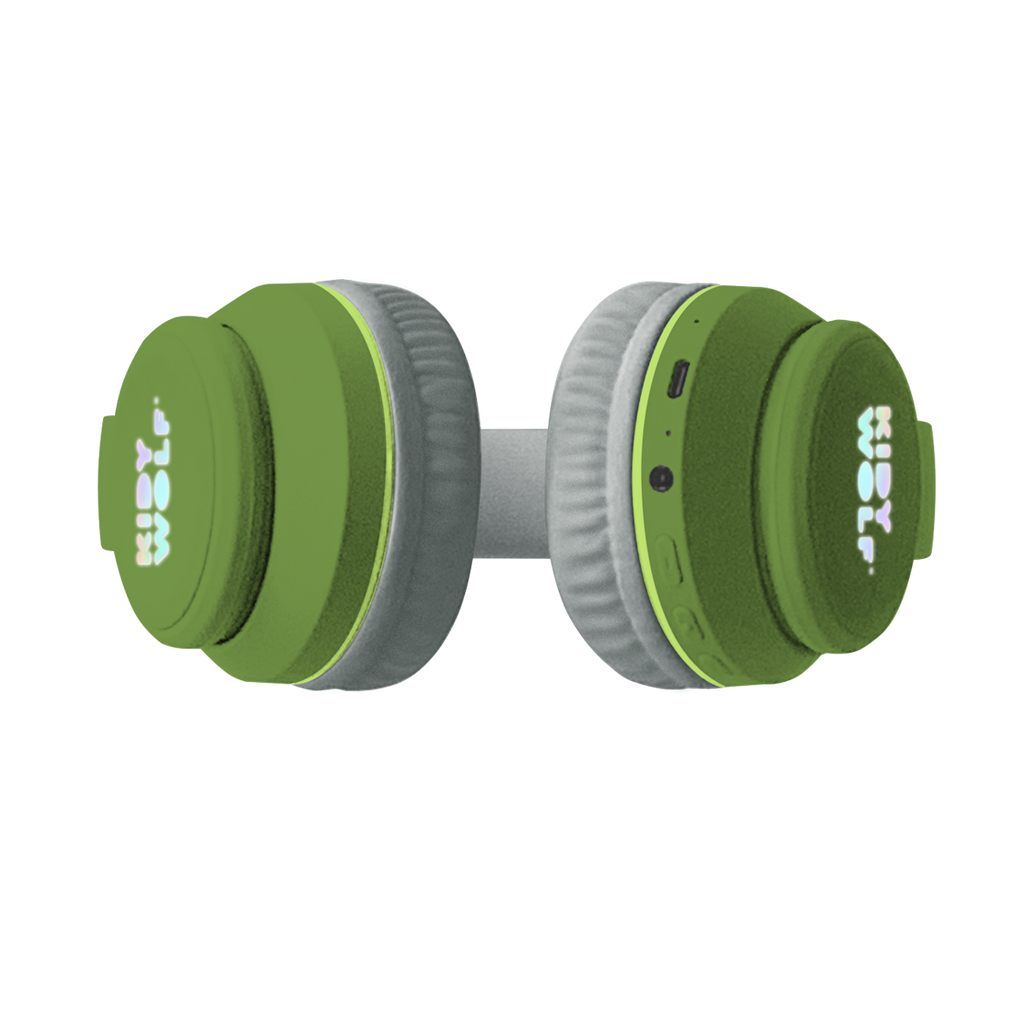 Green headphones with soft, gray ear cushions on a white background, featuring playful green dinosaur spikes on the headband, conveying a fun and quirky vibe.