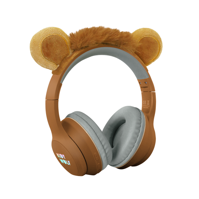 Brown headphones with fluffy bear ears and a soft headband, set against a white background. The ear cups have gray padding, adding a playful, cozy feel.