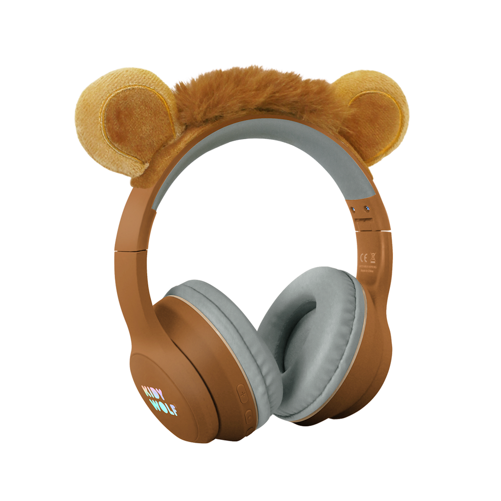 Brown headphones with fluffy bear ears and a soft headband, set against a white background. The ear cups have gray padding, adding a playful, cozy feel.
