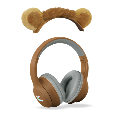 Brown headphones with fluffy bear ears and a soft headband, set against a white background. The ear cups have gray padding, adding a playful, cozy feel.