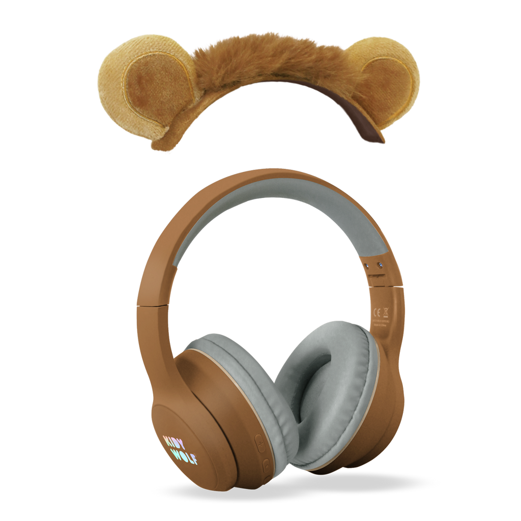 Brown headphones with fluffy bear ears and a soft headband, set against a white background. The ear cups have gray padding, adding a playful, cozy feel.