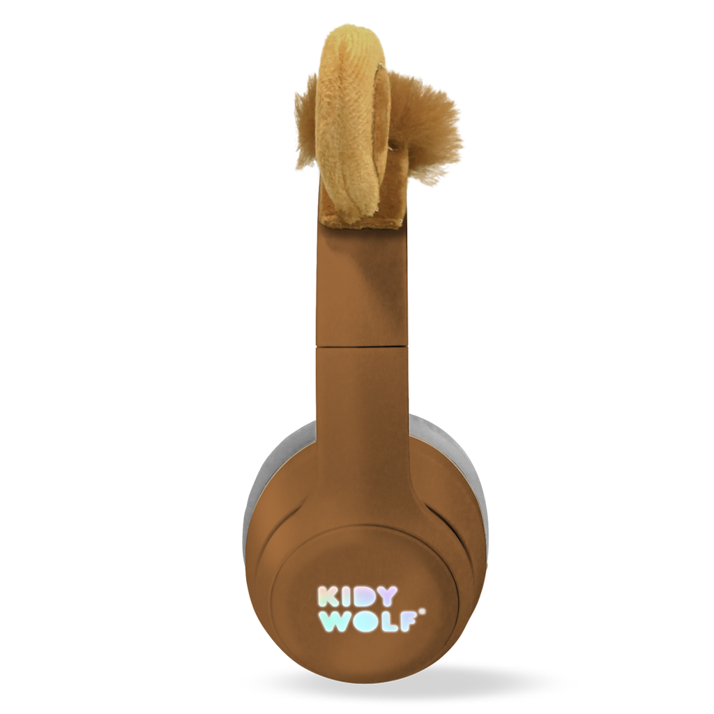 Brown headphones with fluffy bear ears and a soft headband, set against a white background. The ear cups have gray padding, adding a playful, cozy feel.