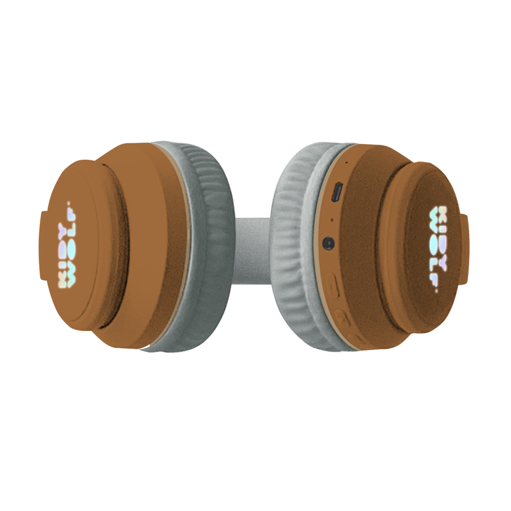 Brown headphones with fluffy bear ears and a soft headband, set against a white background. The ear cups have gray padding, adding a playful, cozy feel.