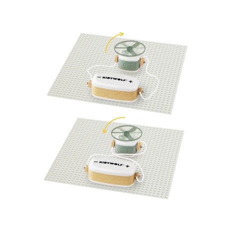 A toy electrical kit showing two circuit setups on baseplates, each powering a spinning fan component.