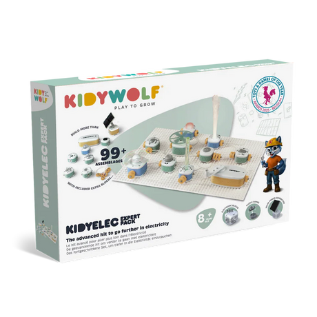 Kidywolf Kidyelec Expert Pack box showing an electronic building blocks kit for kids.
