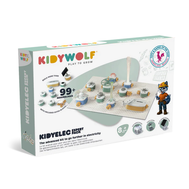 Kidywolf Kidyelec Expert Pack box showing an electronic building blocks kit for kids.