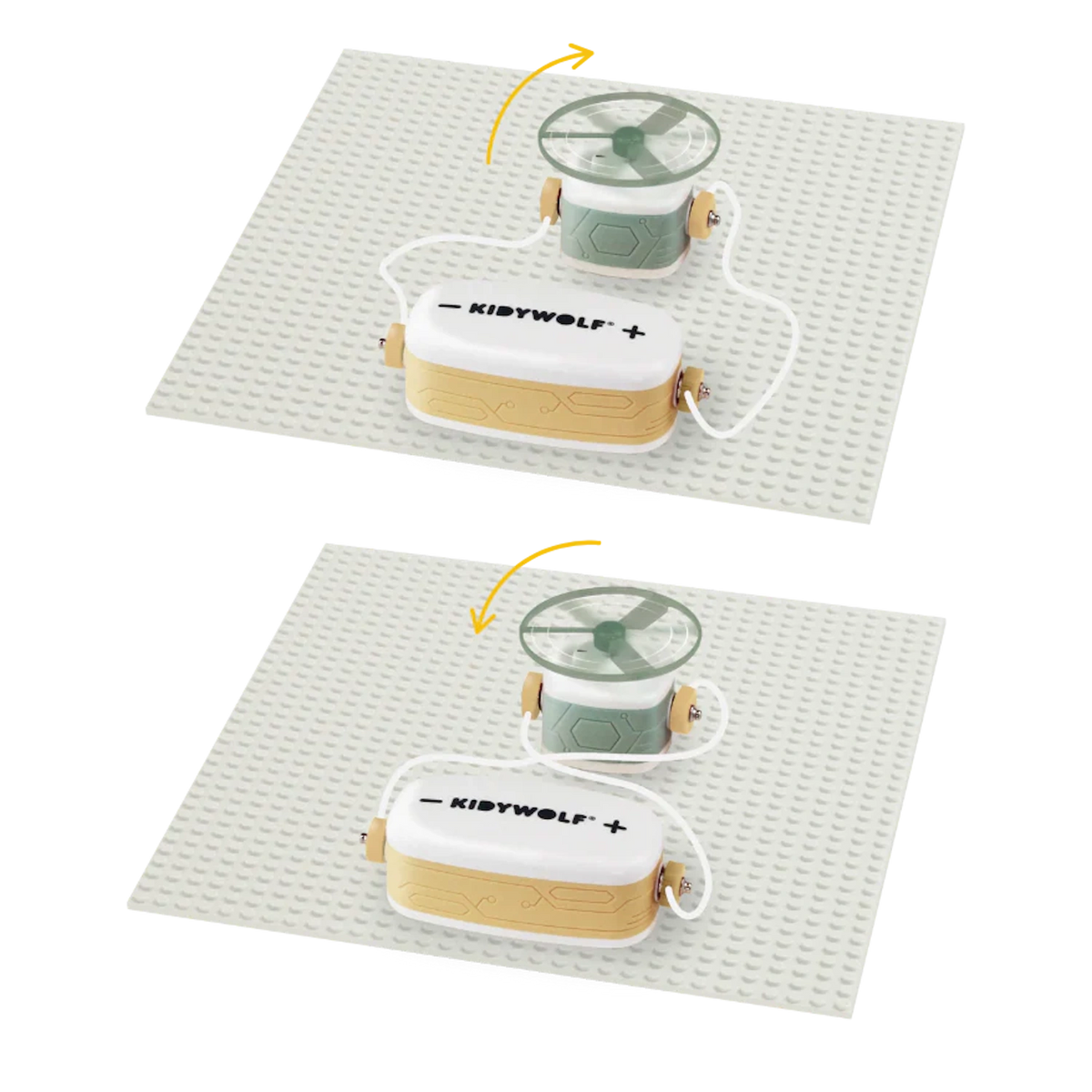 Two diagrams showing a Kidywolf toy circuit base with a battery pack and a fan spinning in opposite directions.