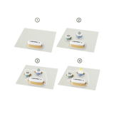 Four-step diagram showing how to build a simple toy circuit using modular blocks to light up a bulb.