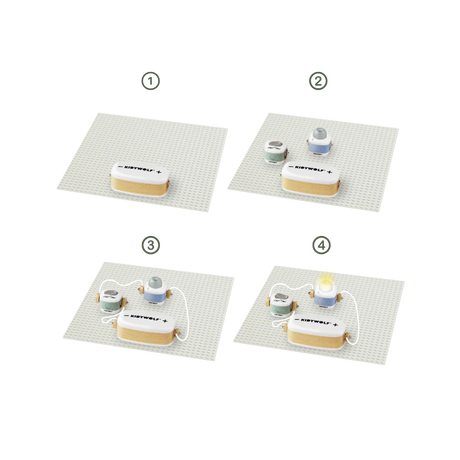 Four-step diagram showing how to build a simple toy circuit using modular blocks to light up a bulb.