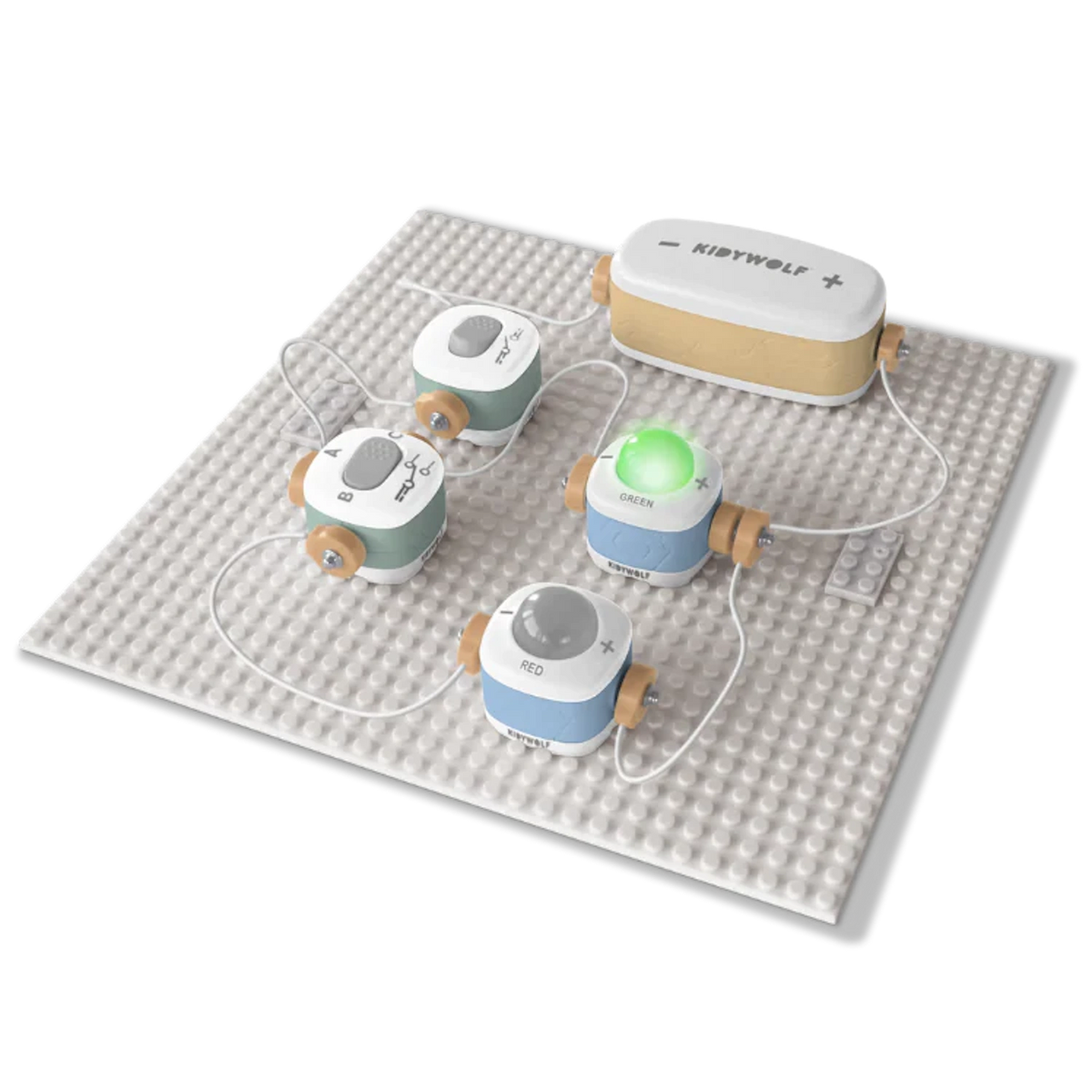 Kidywolf electronic circuit toy set on a gray baseplate, featuring a lit-up green light module.