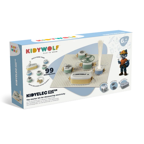 Kidywolf Kidyelec Starter Pack toy box showing electronic blocks assembled on a base grid.