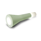A sleek green flashlight emits bright white light from both ends against a white background, conveying functionality and modern design.
