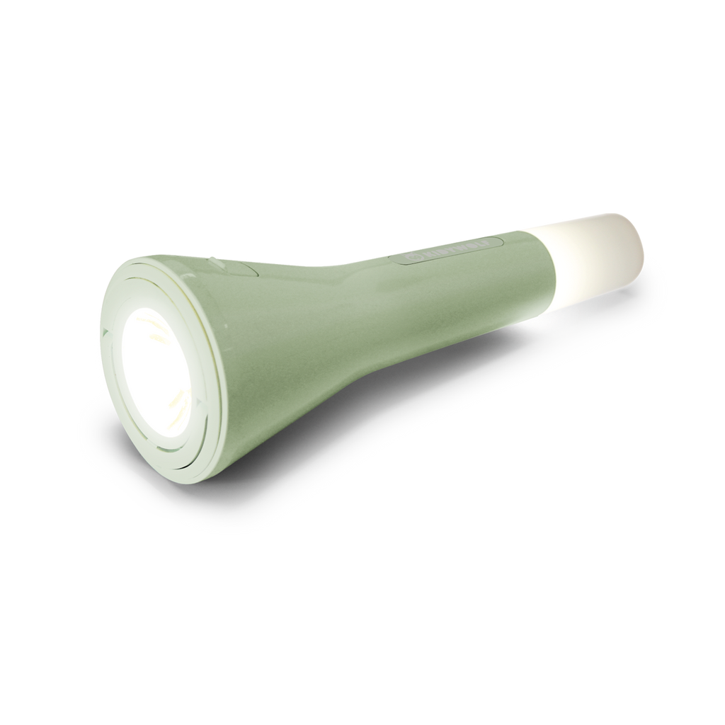 A sleek green flashlight emits bright white light from both ends against a white background, conveying functionality and modern design.