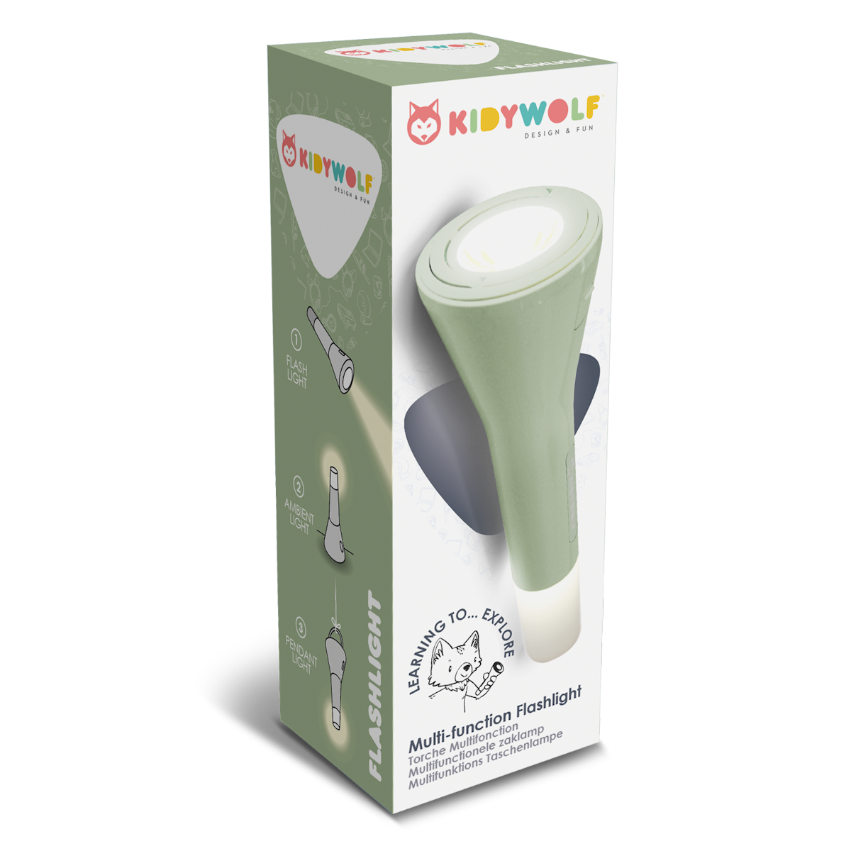Packaging of a Kidywolf multi-function flashlight with a fox logo. Features include flashlight, ambient light, and pendant light. Sleek, modern design.