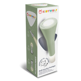 Packaging of a Kidywolf multi-function flashlight with a fox logo. Features include flashlight, ambient light, and pendant light. Sleek, modern design.