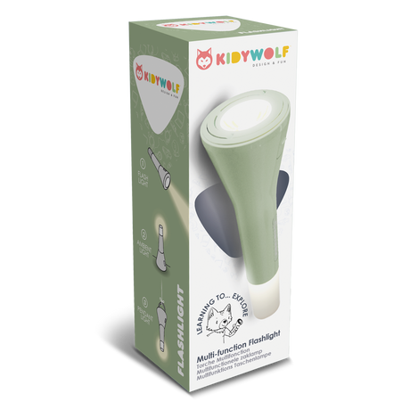 Packaging of a Kidywolf multi-function flashlight with a fox logo. Features include flashlight, ambient light, and pendant light. Sleek, modern design.