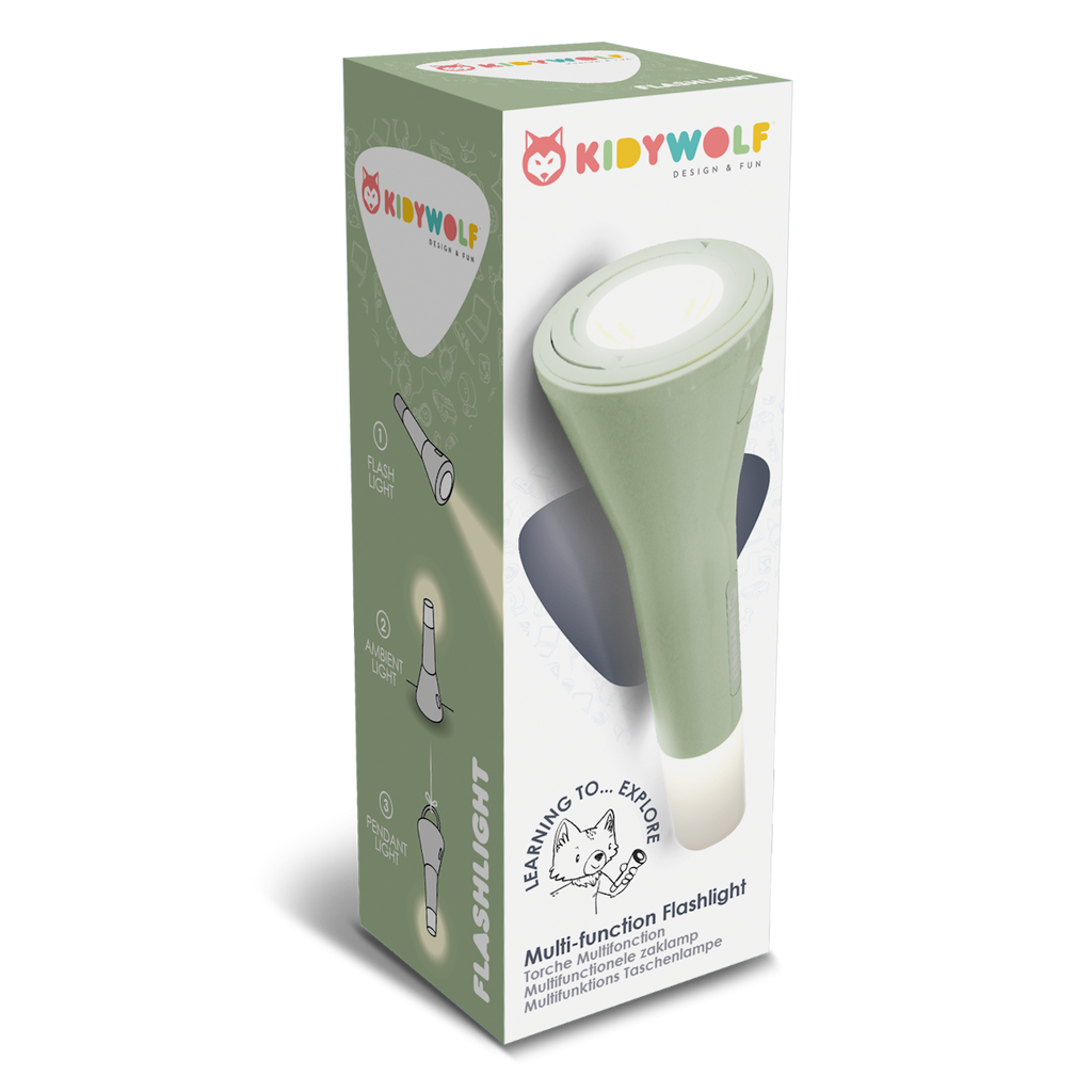 Packaging of a Kidywolf multi-function flashlight with a fox logo. Features include flashlight, ambient light, and pendant light. Sleek, modern design.