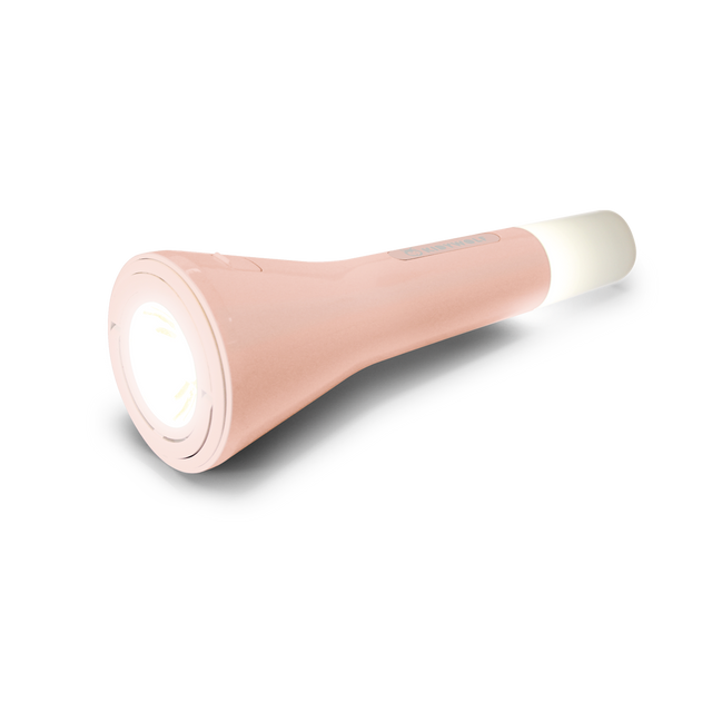Pink flashlight glowing against a white background. It emits light from both ends, creating a modern, sleek design. The ambiance is minimalist and bright.
