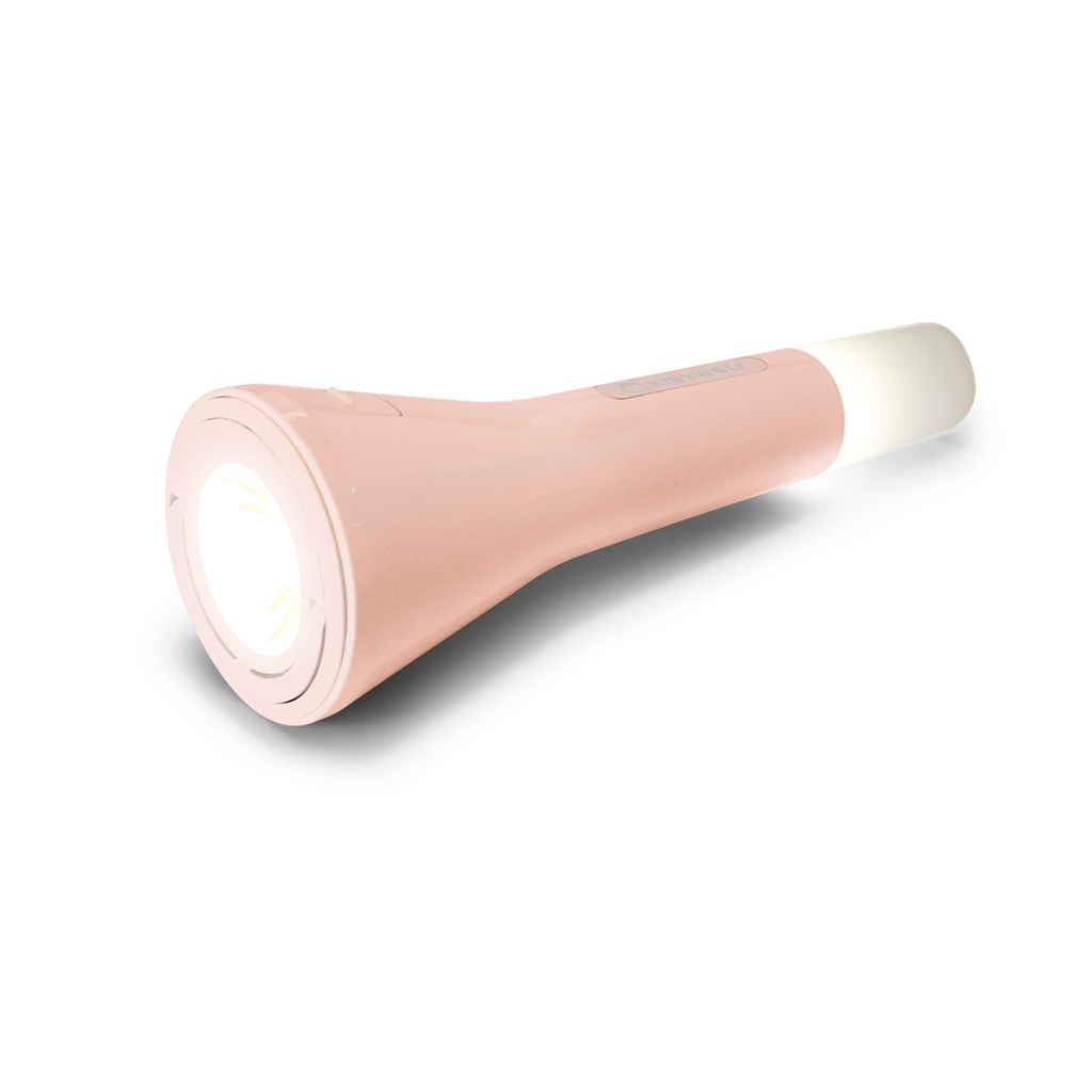 Pink flashlight glowing against a white background. It emits light from both ends, creating a modern, sleek design. The ambiance is minimalist and bright.