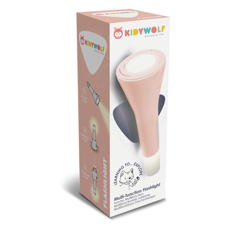 Packaging of a Kidywolf multi-function flashlight with a fox logo. Features include flashlight, ambient light, and pendant light. Sleek, modern design.