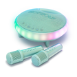 Round karaoke device with glowing edges in pastel colors, accompanied by two microphones. The setup exudes a fun and inviting vibe, ideal for parties.